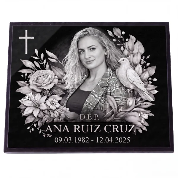 Placa conmemorativa de cristal con retrato y nombre y fechas