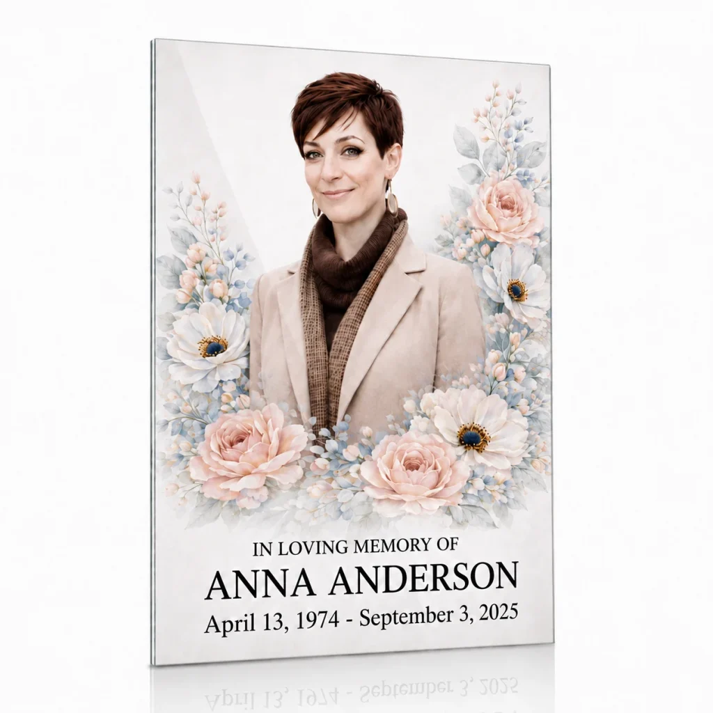 Glass photo plaque for grave with floral design, name and dates