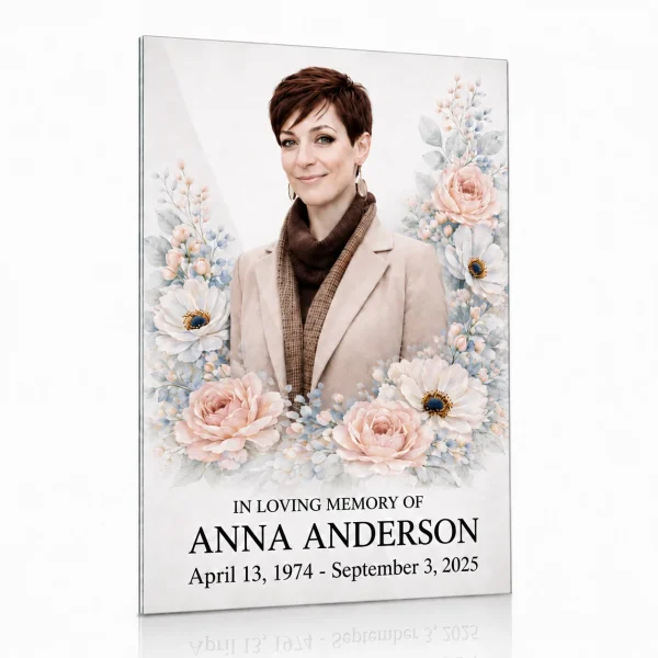 Glass photo plaque for grave with floral design, name and dates