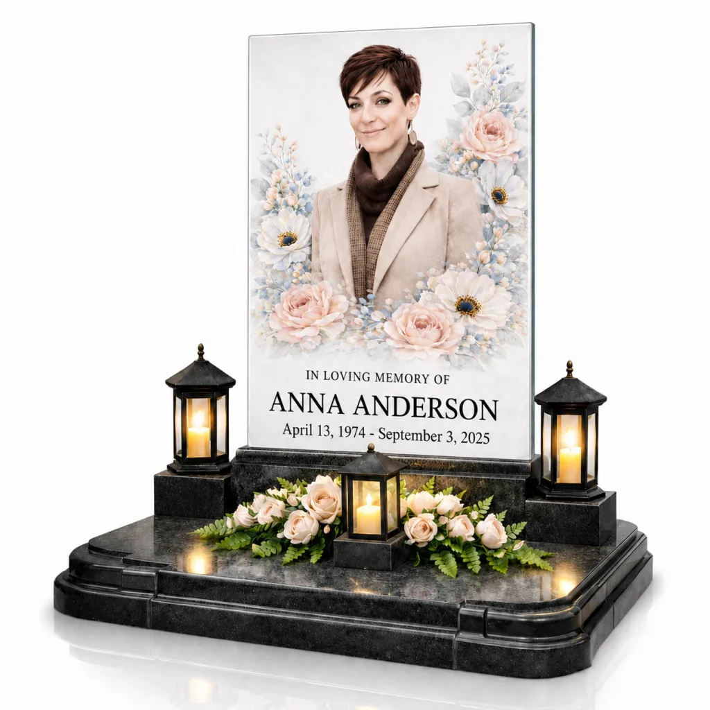 Glass memorial panel photo plaque for headstone with floral design