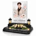 Glass memorial panel photo plaque for headstone with floral design