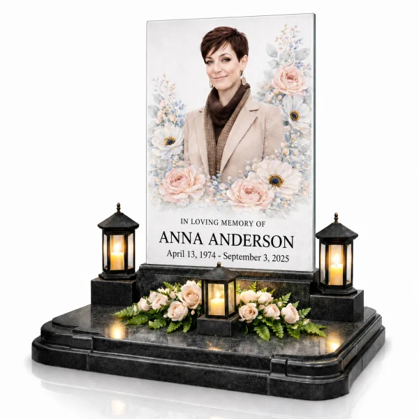 Glass memorial panel photo plaque for headstone with floral design