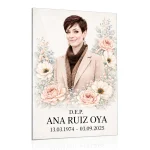 Placa de vidrio con nombre y fechas para lápida con foto y flores