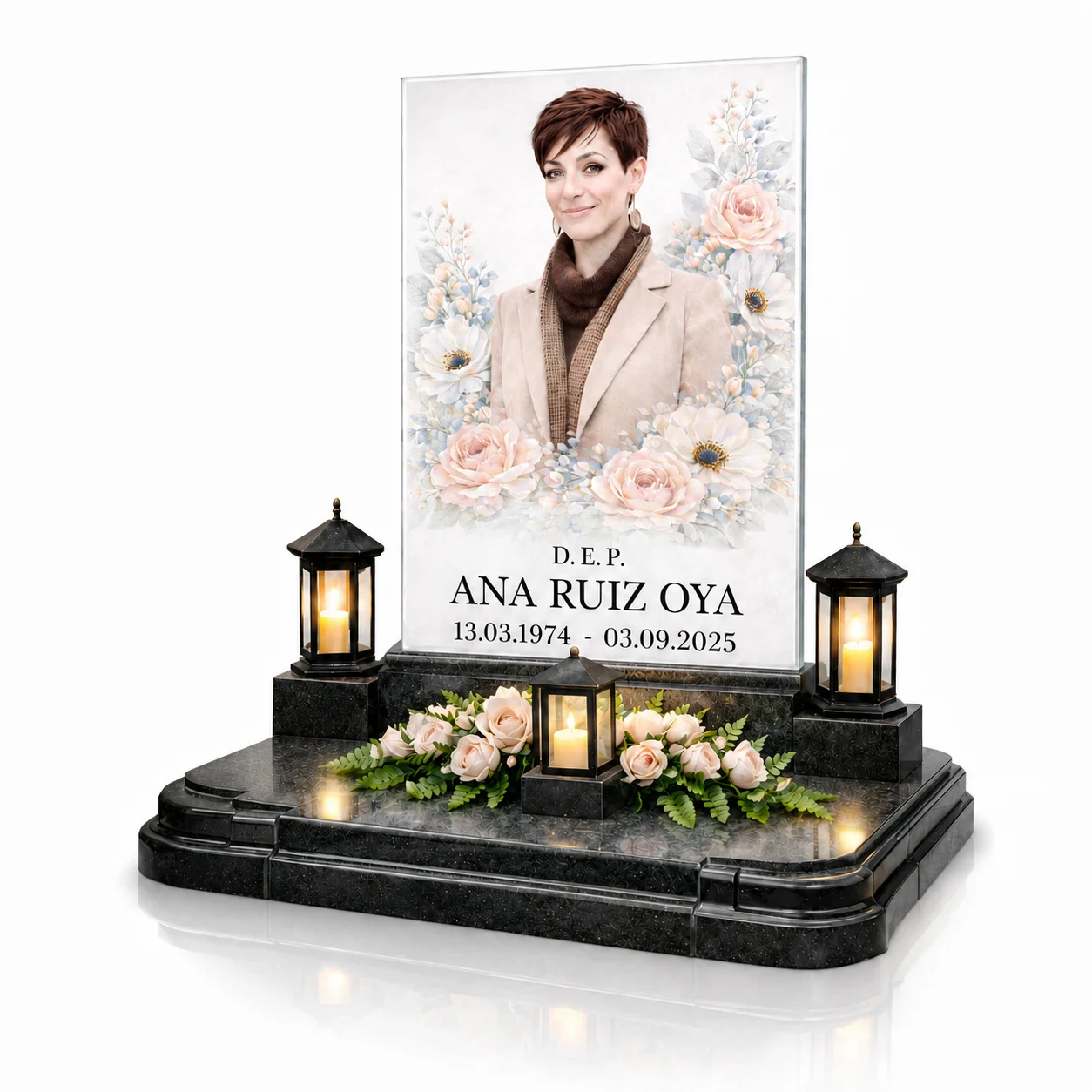 Placa de vidrio con foto y nombre para lápida Placa de vidrio con nombre y fechas y retrato floral para lápida