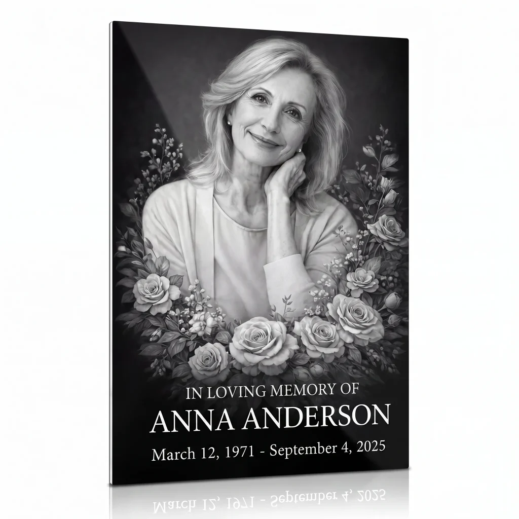 Glass photo plaque for grave with name and dates, portrait and rose design