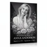 Glass photo plaque for grave with name and dates, portrait and rose design