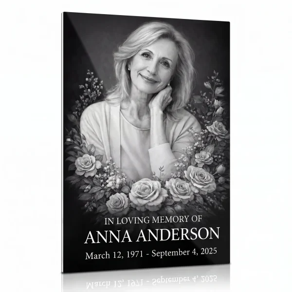 Glass photo plaque for grave with name and dates, portrait and rose design