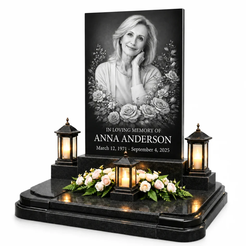 Personalized gravestone featuring custom headstone design with engraved portrait and name