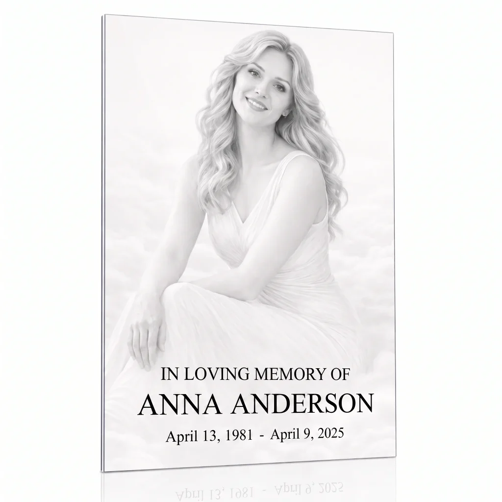 Glass photo plaque for grave engraved with name and dates