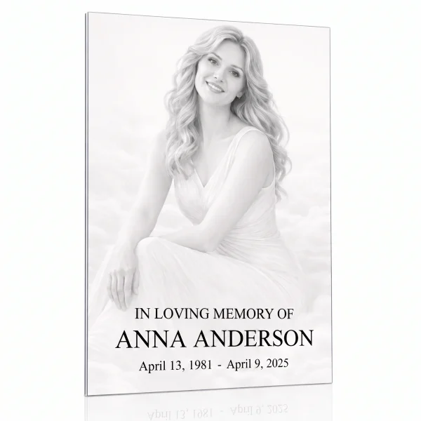Glass photo plaque for grave engraved with name and dates