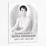 glass photo plaque for grave with angel portrait, name and dates