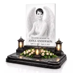 Glass photo plaque for grave with angel portrait and personalized name and dates