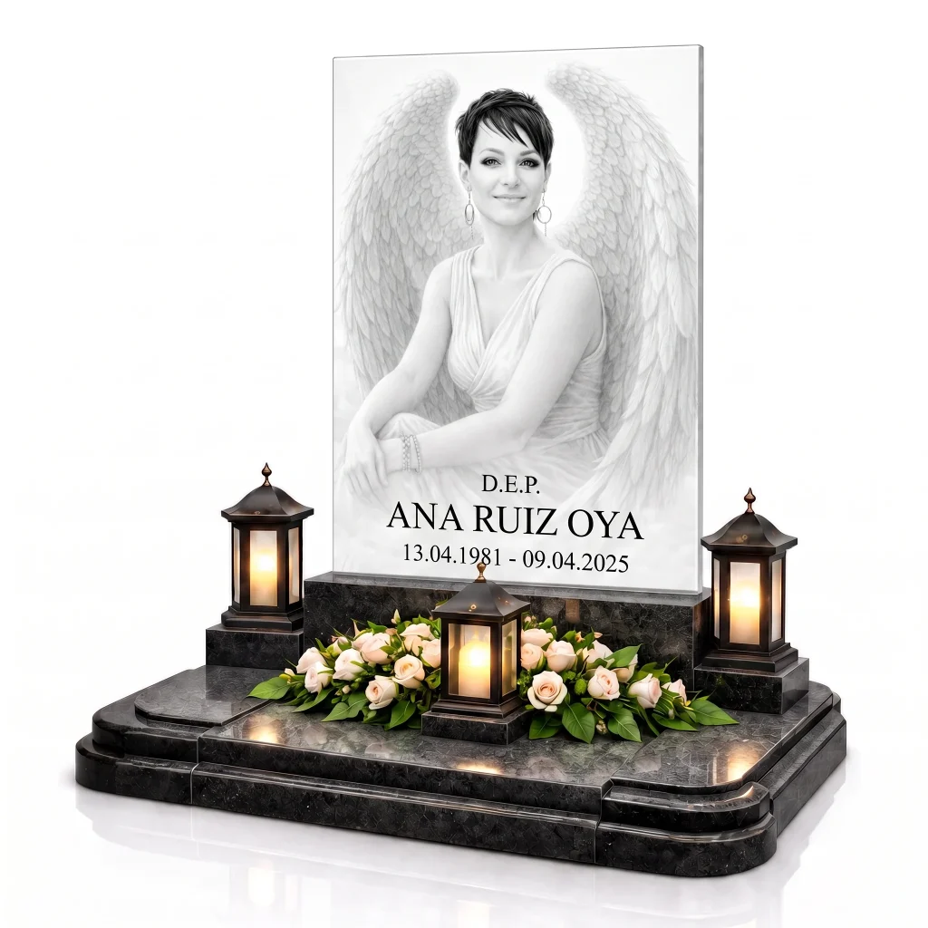 Placa de vidrio para lápida con nombre, fechas y retrato de ángel