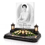 Placa de vidrio para lápida con nombre, fechas y retrato de ángel