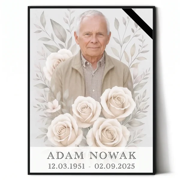 portret pamiątkowy zmarłego z białymi różami na pomnik