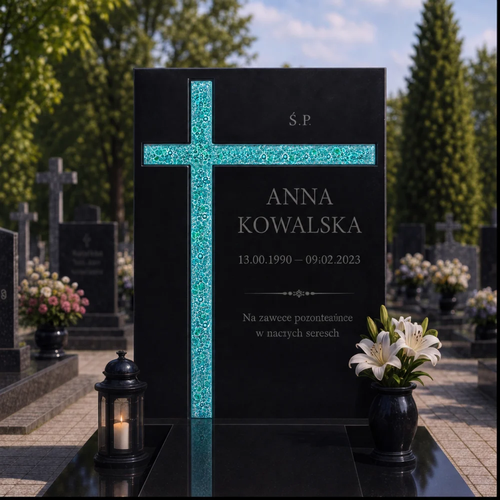 Asymetryczny krzyż fusingowy jako ozdoba czarnego pomnika Krzyż ze szkła fusingowego w turkusowych barwach na granitowym nagrobku