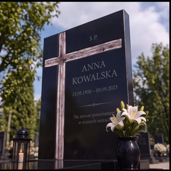 krzyż asymetryczny na pomniku z czarnego granitu