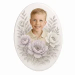 memorial for child's grave with floral portrait and headstone photo