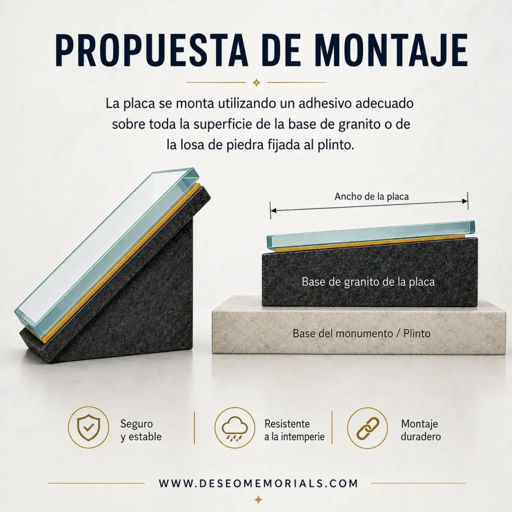 Montaje de placa de cristal sobre base de granito para lápida con pegamento para placas de cristal