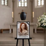 Colour photo for memorial with floral illustration displayed at funeral service