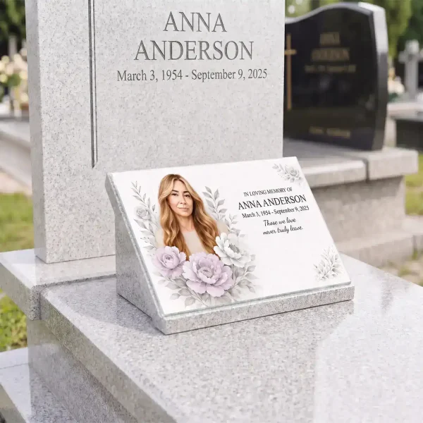 glass memorial panel with photo plaque for headstone personalized with name and dates