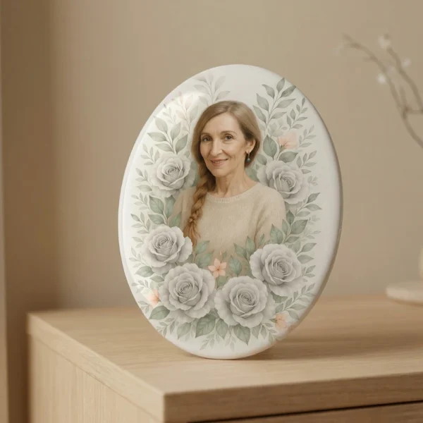 Glass photo plaque for grave with floral rose design