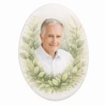 glass photo plaque for grave with oval portrait and floral wreath design