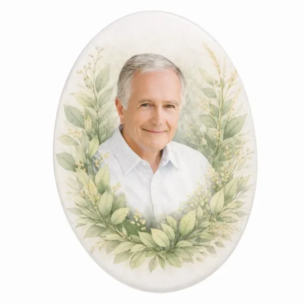 glass photo plaque for grave with oval portrait and floral wreath design
