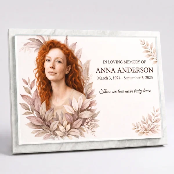 Glass photo plaque for grave with personalized name and dates on marble headstone