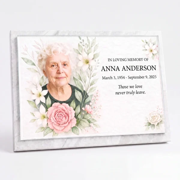 Glass photo plaque for grave with personalized name and dates