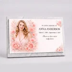 glass photo plaque for grave with personalized name and dates on marble headstone