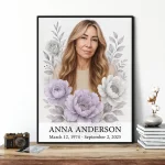 Personalised memorial portrait made from photo with floral motif and name plate
