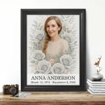 Custom memorial portrait of deceased woman with rose wreath and framed name plaque