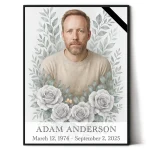 Memorial portrait of deceased with white rose wreath and mourning ribbon