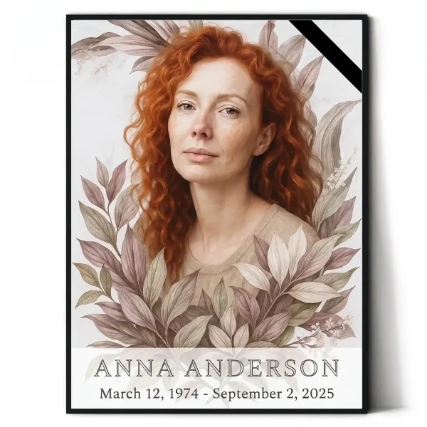 Memorial portrait of deceased with floral design made from photo