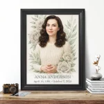 Memorial portrait of deceased with floral design, name and dates