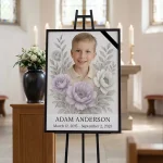 Personalised memorial portrait made from photo displayed on easel at funeral service