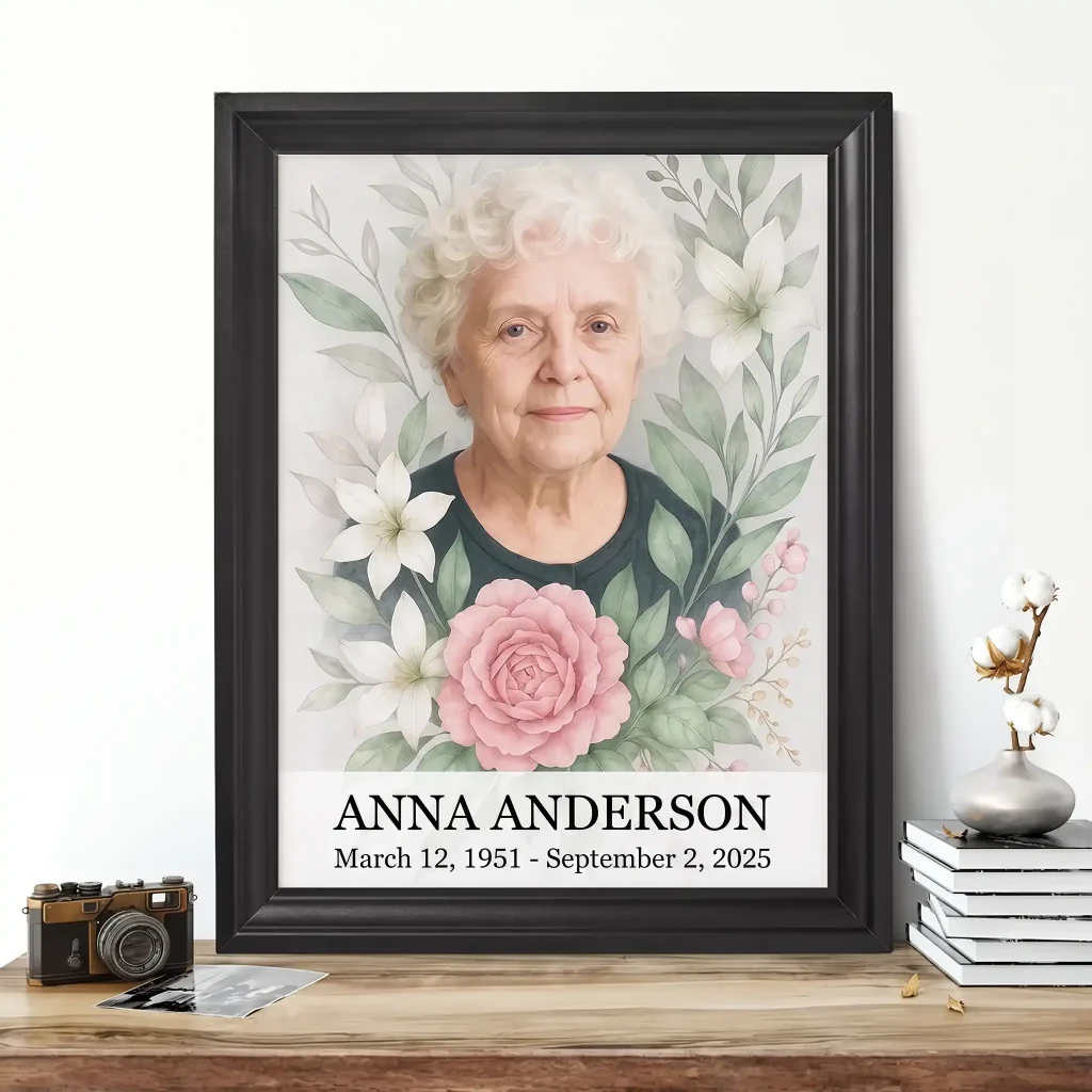 Personalised memorial portrait made from photo with floral motif and name plate