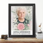 Personalised memorial portrait made from photo with floral motif and name plate
