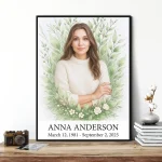Memorial portrait of deceased created from photo with floral wreath and name plate