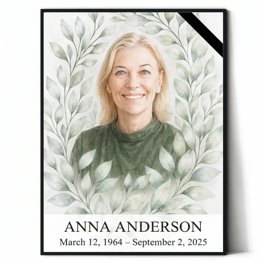 memorial portrait of deceased with name and dates in decorative floral frame