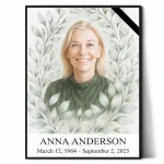 memorial portrait of deceased with name and dates in decorative floral frame