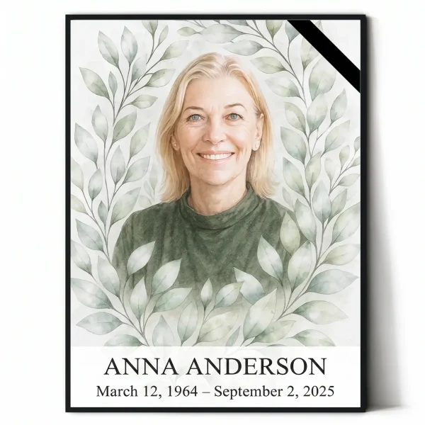 memorial portrait of deceased with name and dates in decorative floral frame