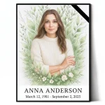 Personalised memorial portrait made from photo with name, dates and floral wreath