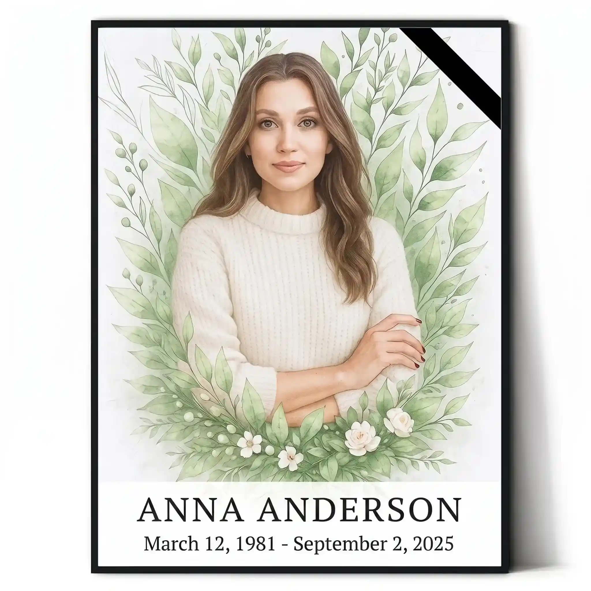 Custom Memorial Portrait Made from Photo with Floral Design Personalised memorial portrait made from photo with name, dates and floral wreath