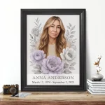 Porcelain portrait for headstone with name, dates and floral design