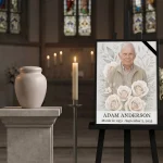 Porcelain memorial portrait for headstone with floral design and name plate