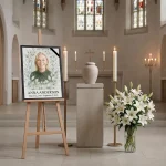 Colour photo for memorial with name and dates, displayed on an easel at a funeral