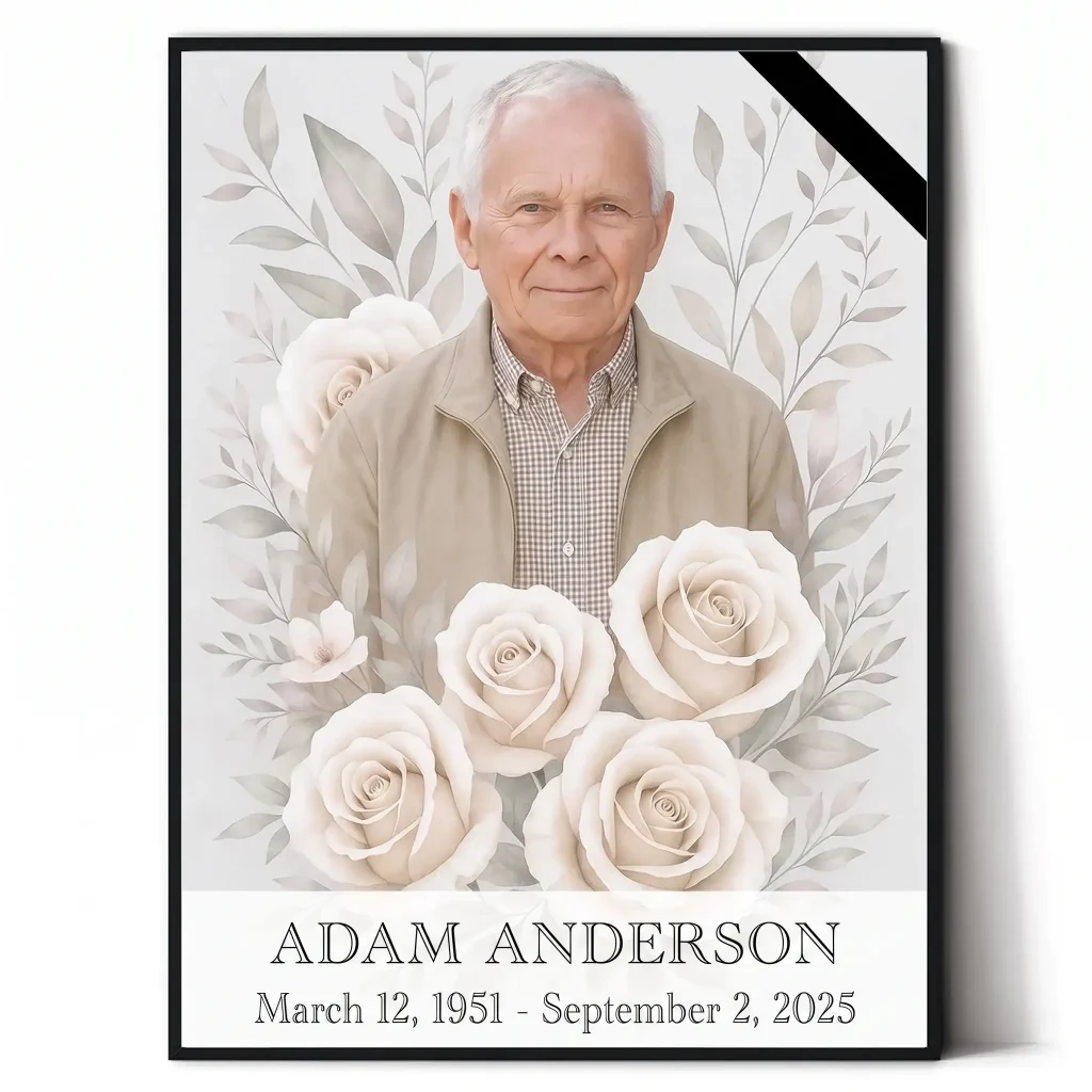 Decorative panel for memorial with photo of deceased and rose motif
