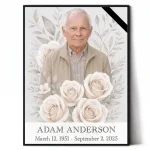Decorative panel for memorial with photo of deceased and rose motif